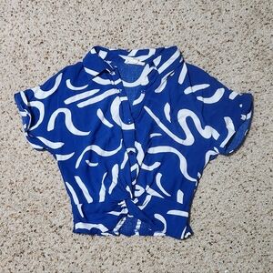 Blue Abstract Twist-Front Crop Top